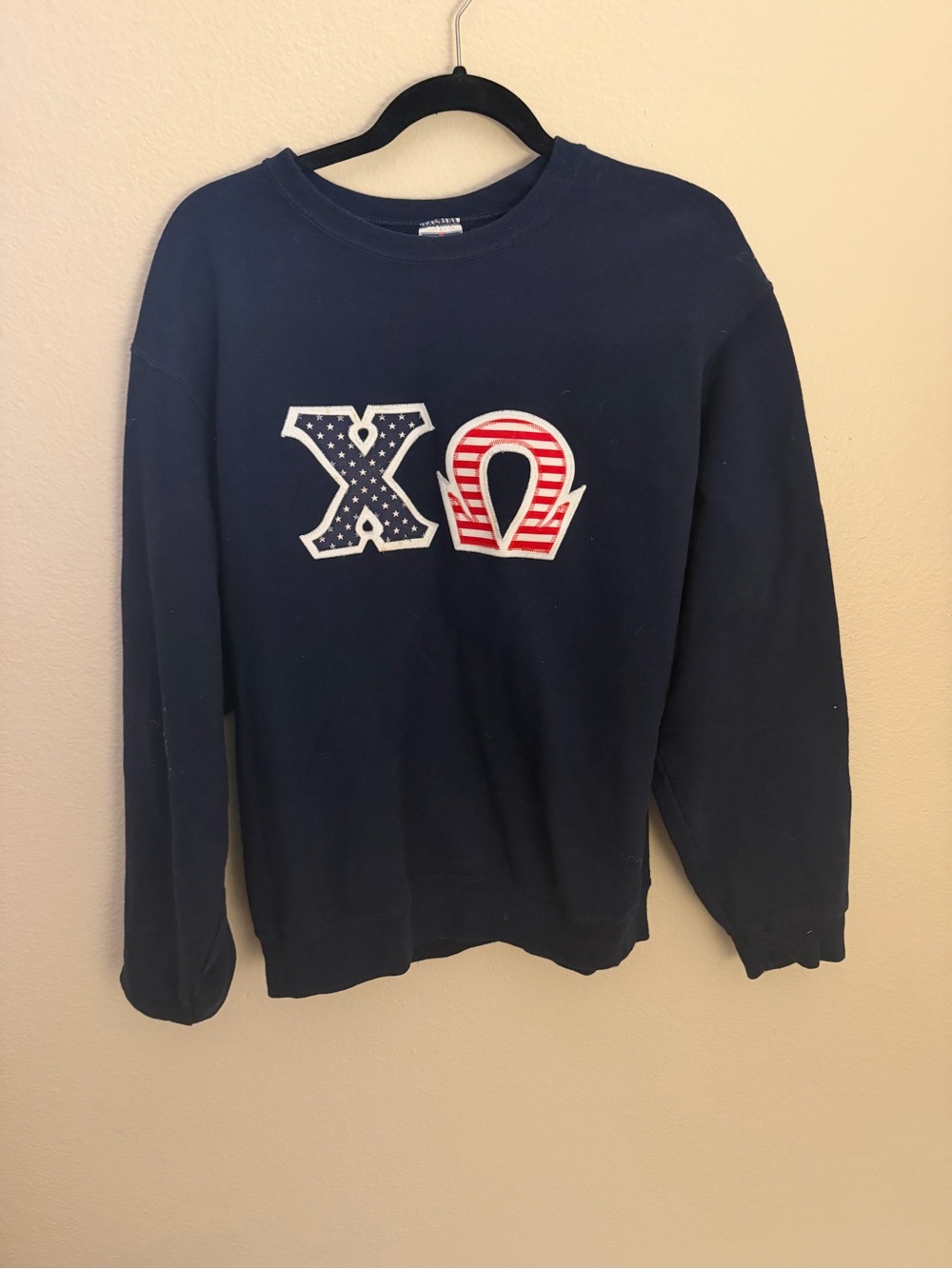 Navy Crewneck Sweatshirt with Patriotic Chi Omega letters Applique